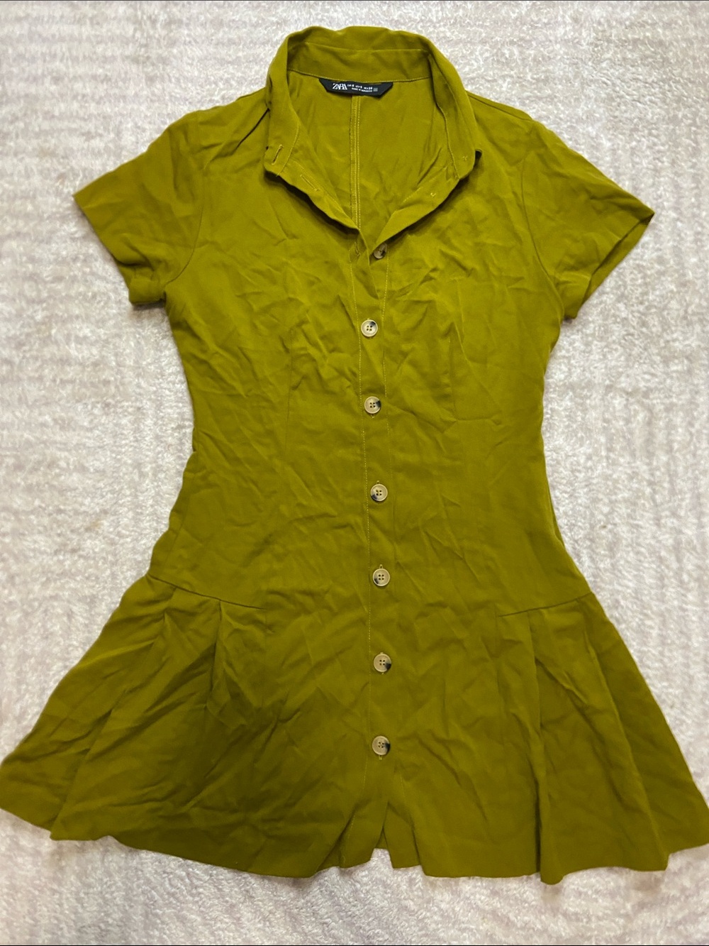 Zara Olive Green Short-Sleeve Button-Front Mini Dress